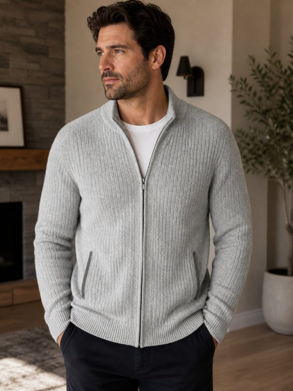 ALFANI Men’s Ribbed Front Zip Sweater - 2XL - Grey - Gently Used